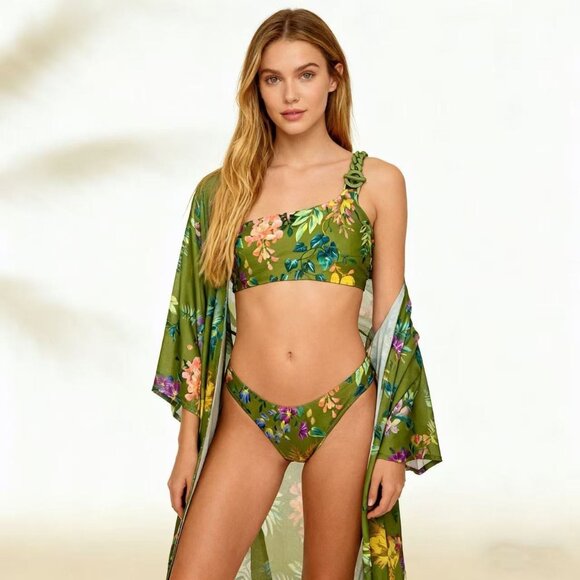 NWOT ZIMMERMANN Tropicana Asymmetrical Bikini Set in Khaki Floral Size 4 - Picture 1 of 15